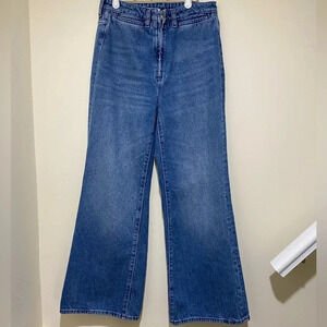 Women’s Dark Wash Denim Wide Flare  High Waisted Jeans with exposed Zipper 70’s